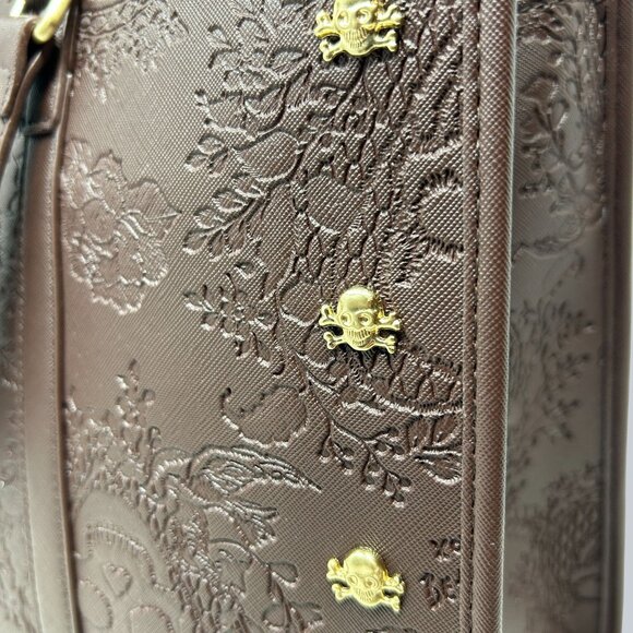 Betsey Johnson Brown Embossed Skull Tote Bag Gold Accents & Detachable Strap - Picture 5 of 12